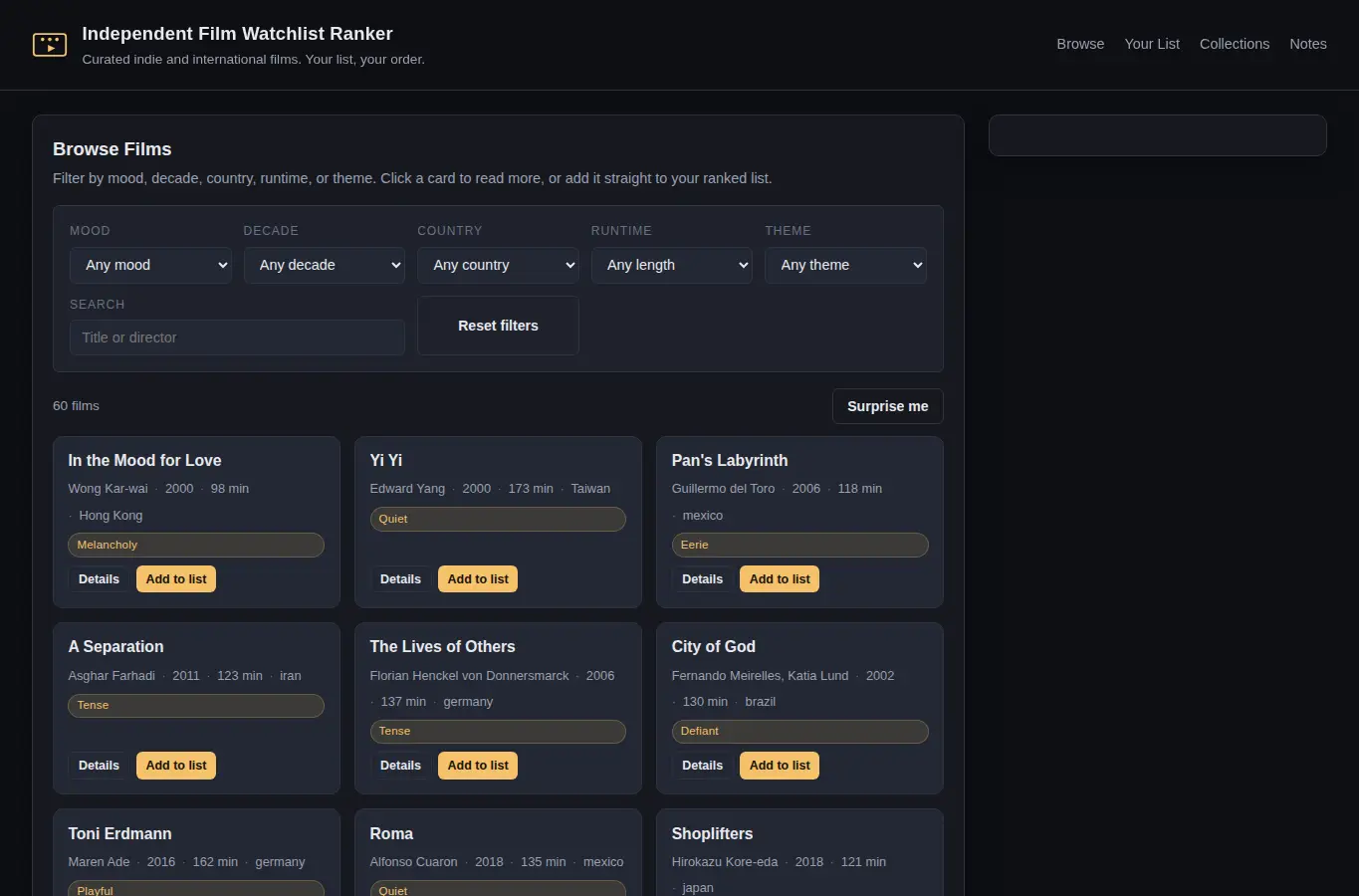 Screenshot of Independent Film Watchlist Ranker interface showing the project page in use